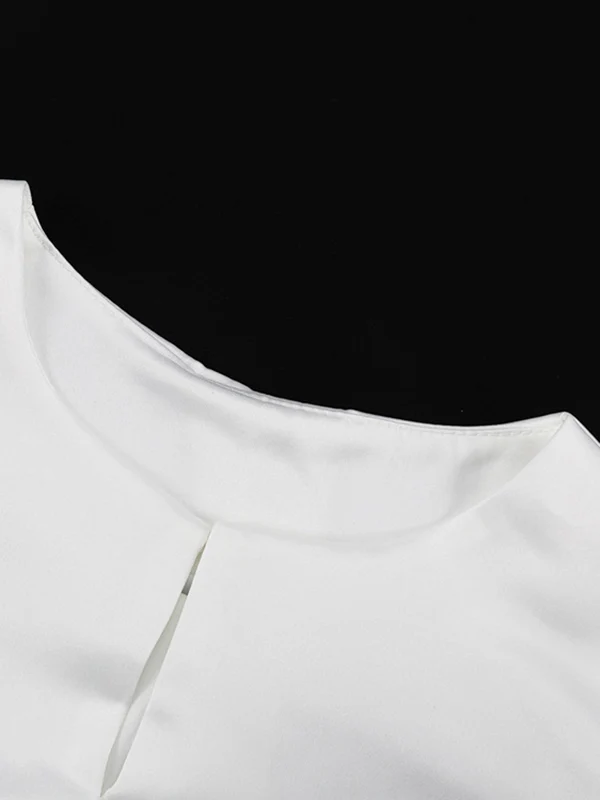 Loose Puff Sleeves Hollow Solid Color Split-Joint Round-Neck Blouses - Image 5
