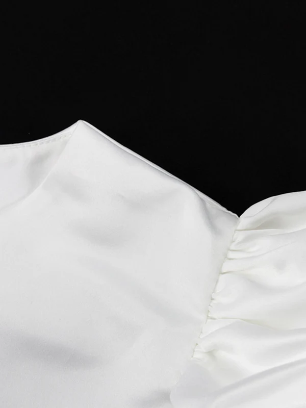 Loose Puff Sleeves Hollow Solid Color Split-Joint Round-Neck Blouses - Image 6