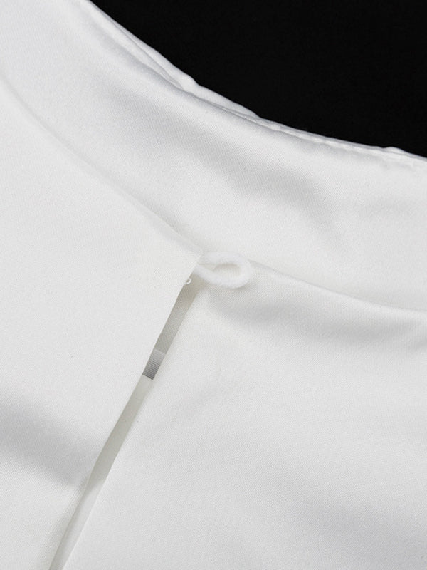 Loose Puff Sleeves Hollow Solid Color Split-Joint Round-Neck Blouses - Image 7