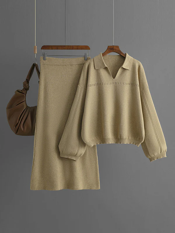 Loose Puff Sleeves Hollow Solid Color Sweater + Elasticity Skirt Two Pieces Set - Image 10