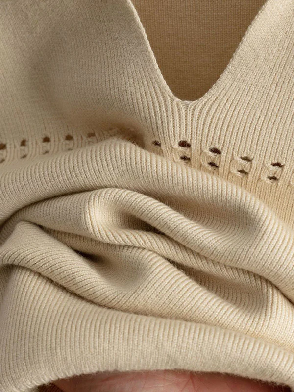 Loose Puff Sleeves Hollow Solid Color Sweater + Elasticity Skirt Two Pieces Set - Image 15