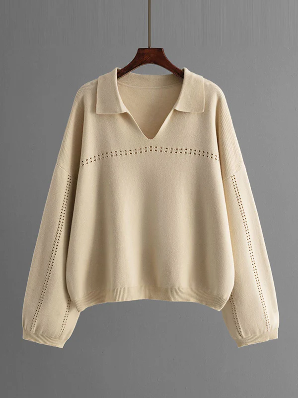 Loose Puff Sleeves Hollow Solid Color Sweater + Elasticity Skirt Two Pieces Set - Image 16