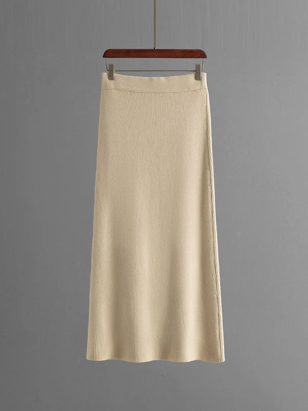 Loose Puff Sleeves Hollow Solid Color Sweater + Elasticity Skirt Two Pieces Set - Image 17