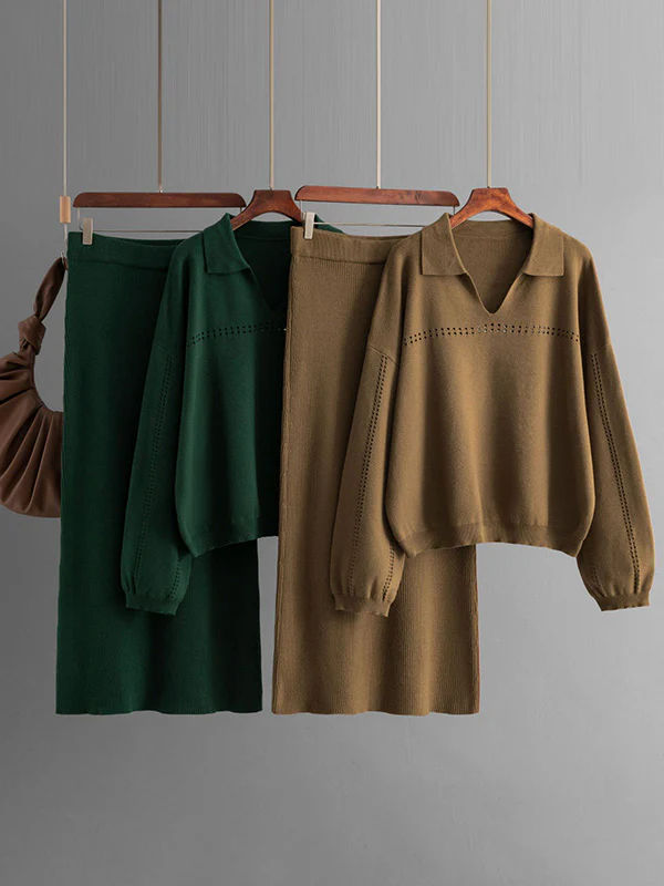 Loose Puff Sleeves Hollow Solid Color Sweater + Elasticity Skirt Two Pieces Set - Image 2