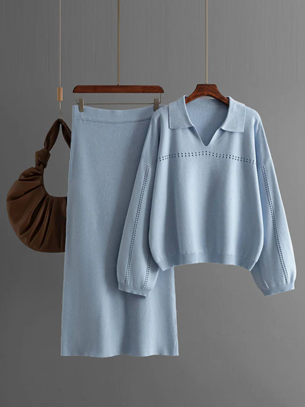 Loose Puff Sleeves Hollow Solid Color Sweater + Elasticity Skirt Two Pieces Set - Image 3