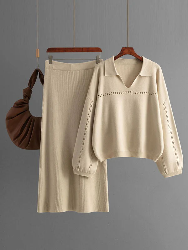 Loose Puff Sleeves Hollow Solid Color Sweater + Elasticity Skirt Two Pieces Set - Image 4