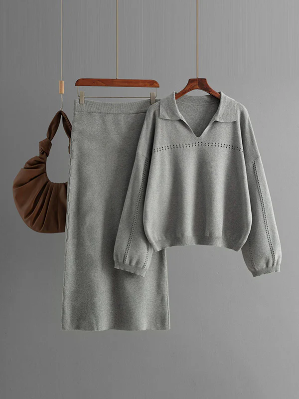 Loose Puff Sleeves Hollow Solid Color Sweater + Elasticity Skirt Two Pieces Set - Image 5