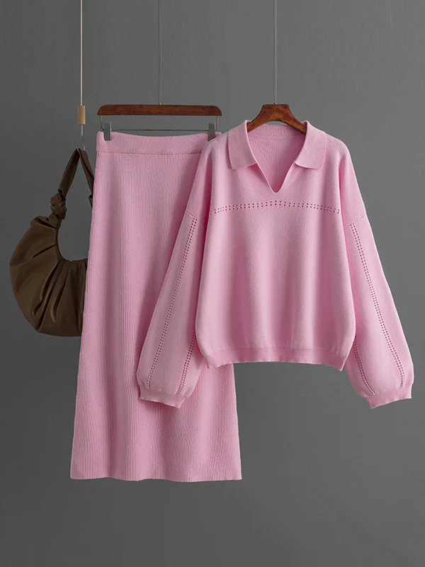 Loose Puff Sleeves Hollow Solid Color Sweater + Elasticity Skirt Two Pieces Set - Image 6