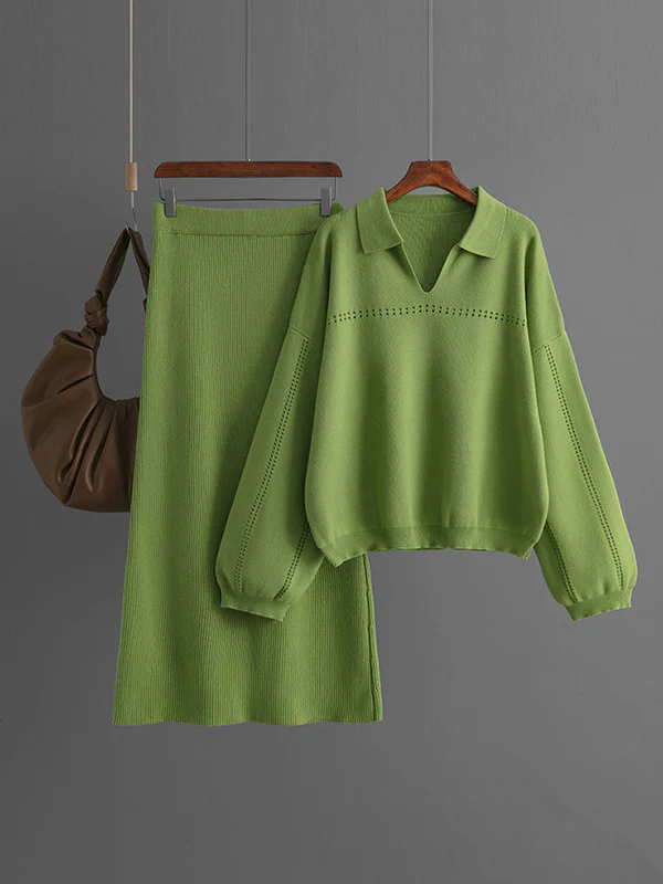 Loose Puff Sleeves Hollow Solid Color Sweater + Elasticity Skirt Two Pieces Set - Image 7