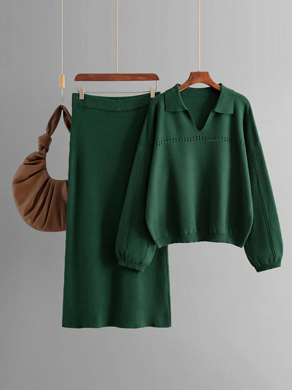 Loose Puff Sleeves Hollow Solid Color Sweater + Elasticity Skirt Two Pieces Set - Image 8