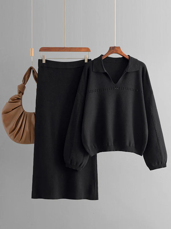 Loose Puff Sleeves Hollow Solid Color Sweater + Elasticity Skirt Two Pieces Set - Image 9