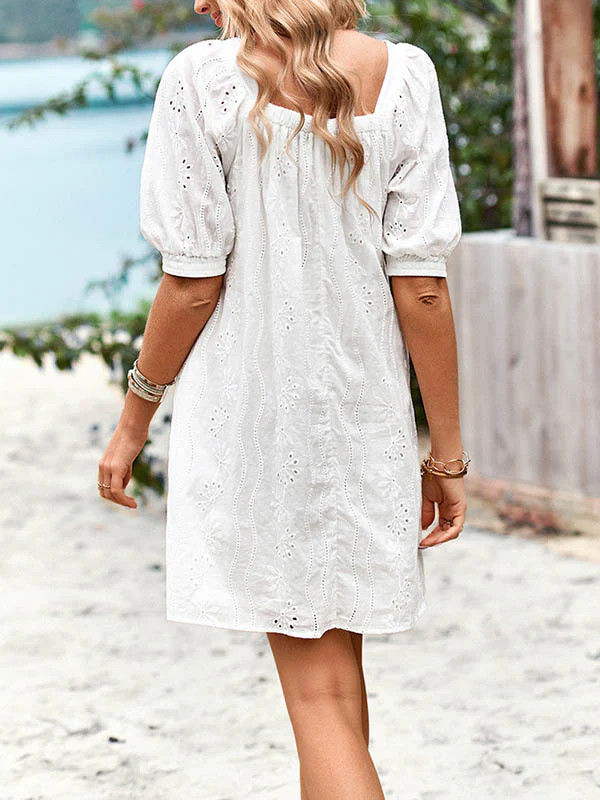 Loose Puff Sleeves Jacquard Solid Color Square-Neck Mini Dresses - Image 12