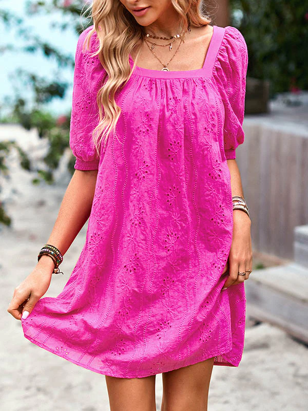 Loose Puff Sleeves Jacquard Solid Color Square-Neck Mini Dresses - Image 14