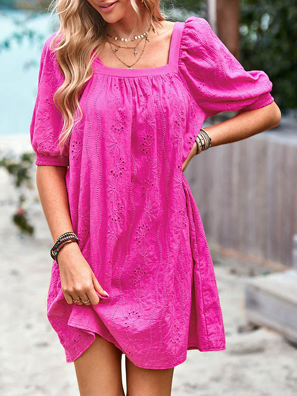 Loose Puff Sleeves Jacquard Solid Color Square-Neck Mini Dresses - Image 15