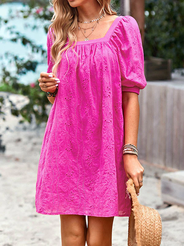 Loose Puff Sleeves Jacquard Solid Color Square-Neck Mini Dresses - Image 16