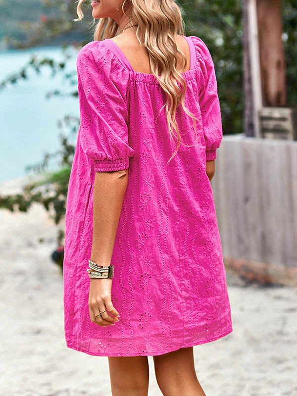 Loose Puff Sleeves Jacquard Solid Color Square-Neck Mini Dresses - Image 17