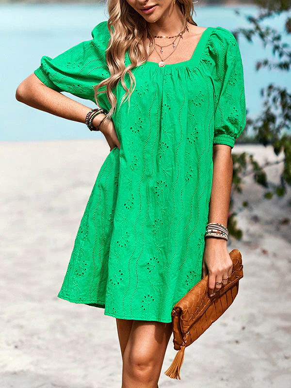 Loose Puff Sleeves Jacquard Solid Color Square-Neck Mini Dresses - Image 18