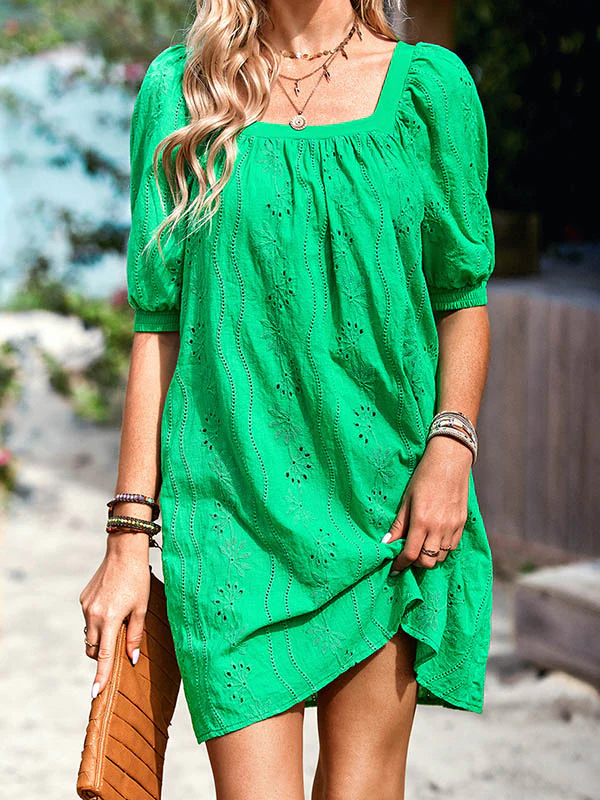 Loose Puff Sleeves Jacquard Solid Color Square-Neck Mini Dresses - Image 19