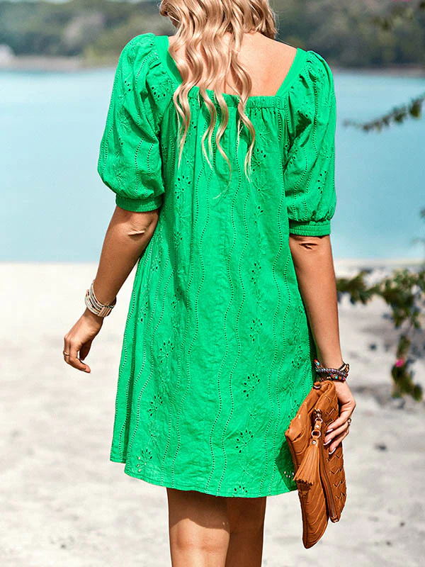 Loose Puff Sleeves Jacquard Solid Color Square-Neck Mini Dresses - Image 21