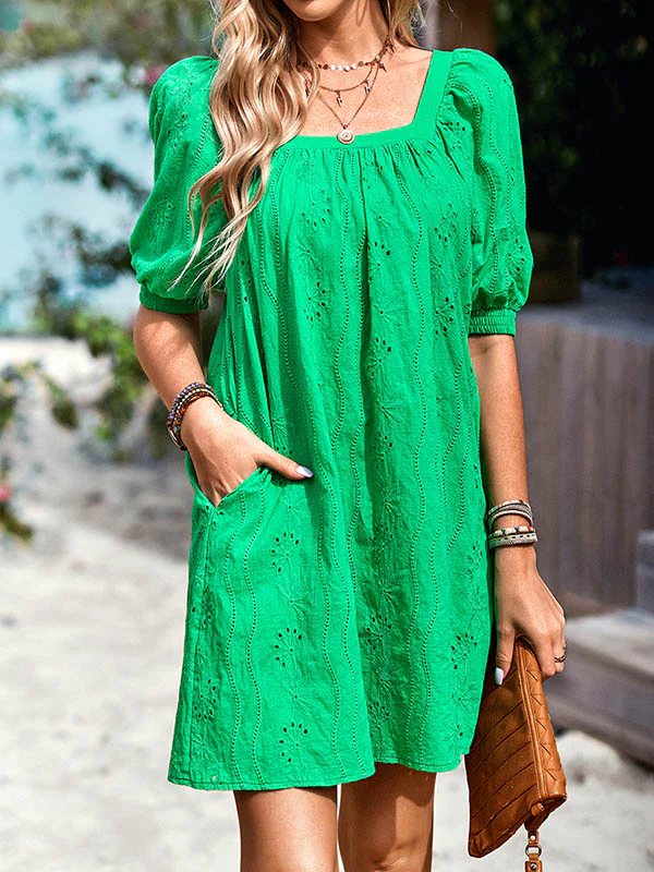 Loose Puff Sleeves Jacquard Solid Color Square-Neck Mini Dresses - Image 4