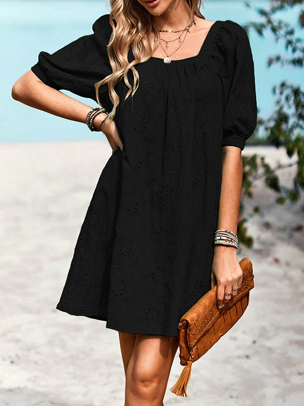 Loose Puff Sleeves Jacquard Solid Color Square-Neck Mini Dresses - Image 5