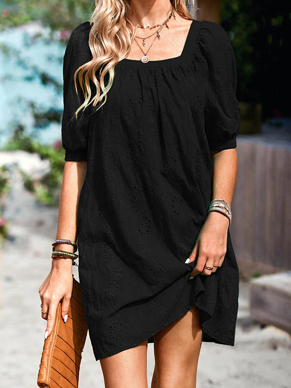 Loose Puff Sleeves Jacquard Solid Color Square-Neck Mini Dresses - Image 6