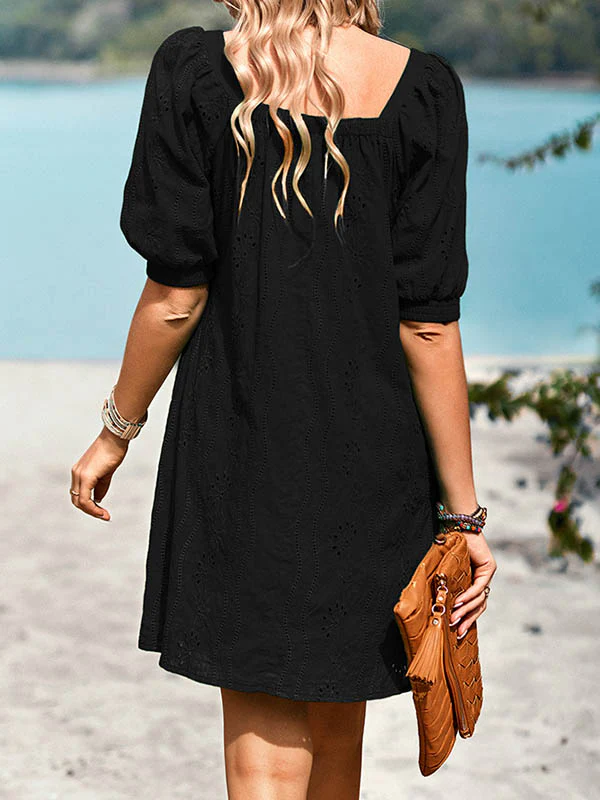 Loose Puff Sleeves Jacquard Solid Color Square-Neck Mini Dresses - Image 8