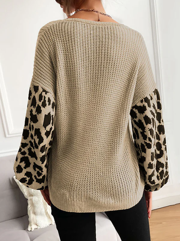Loose Puff Sleeves Leopard Split-Joint V-Neck Sweater Tops - Image 7