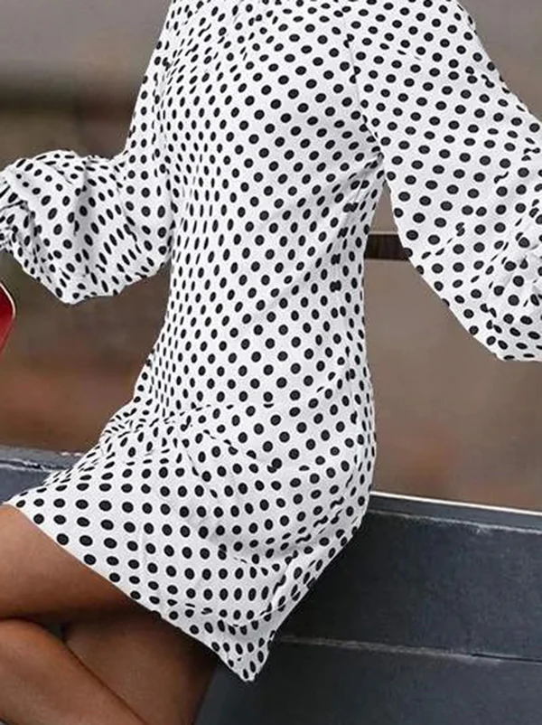 Loose Puff Sleeves Pleated Polka-Dot Split-Joint High Neck Mini Dresses Shirt Dress - Image 4