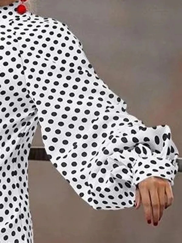 Loose Puff Sleeves Pleated Polka-Dot Split-Joint High Neck Mini Dresses Shirt Dress - Image 5