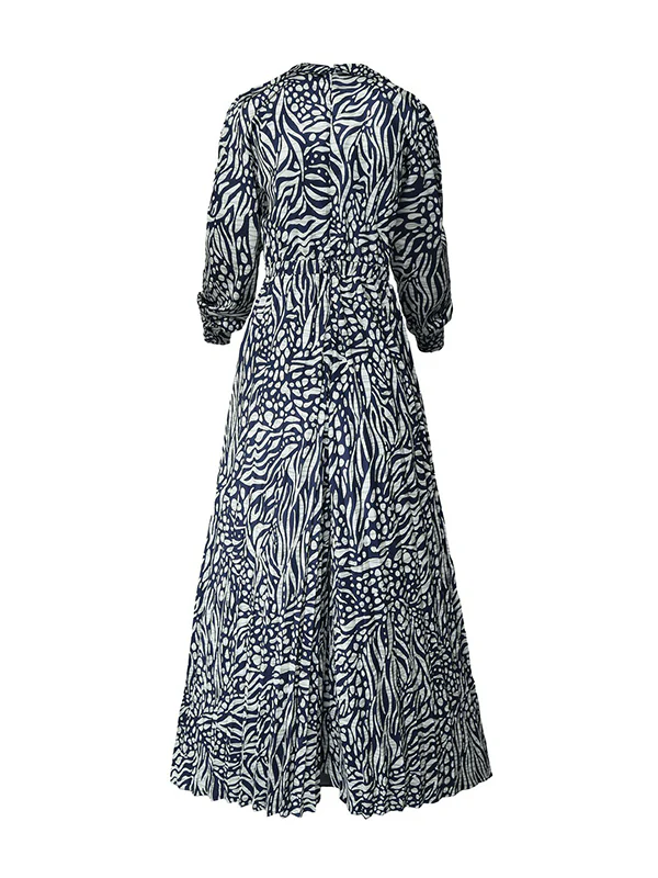 Loose Puff Sleeves Pleated Printed Split-Joint Deep V-Neck Jumpsuits - Image 10