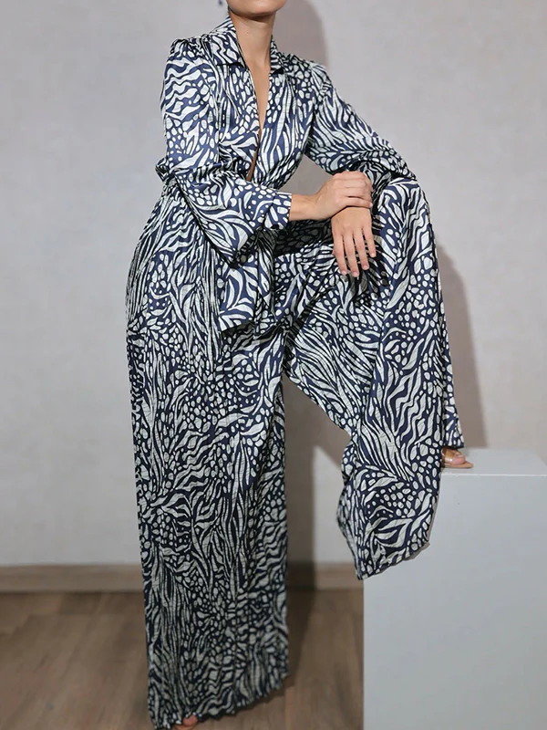 Loose Puff Sleeves Pleated Printed Split-Joint Deep V-Neck Jumpsuits - Image 2