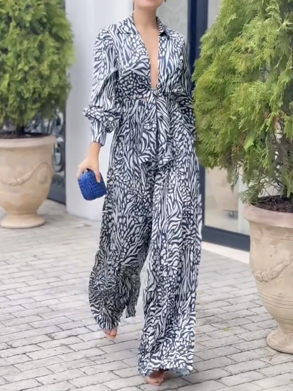 Loose Puff Sleeves Pleated Printed Split-Joint Deep V-Neck Jumpsuits - Image 3