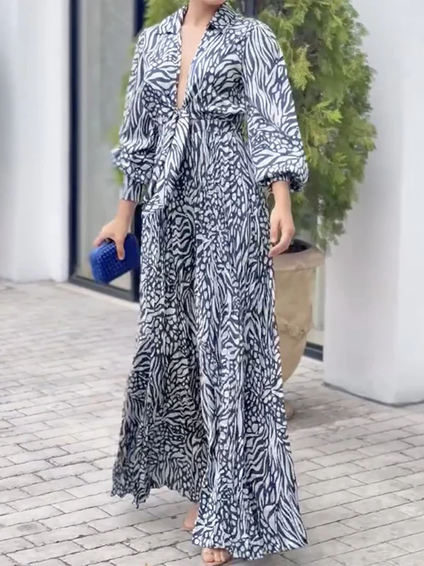 Loose Puff Sleeves Pleated Printed Split-Joint Deep V-Neck Jumpsuits - Image 4