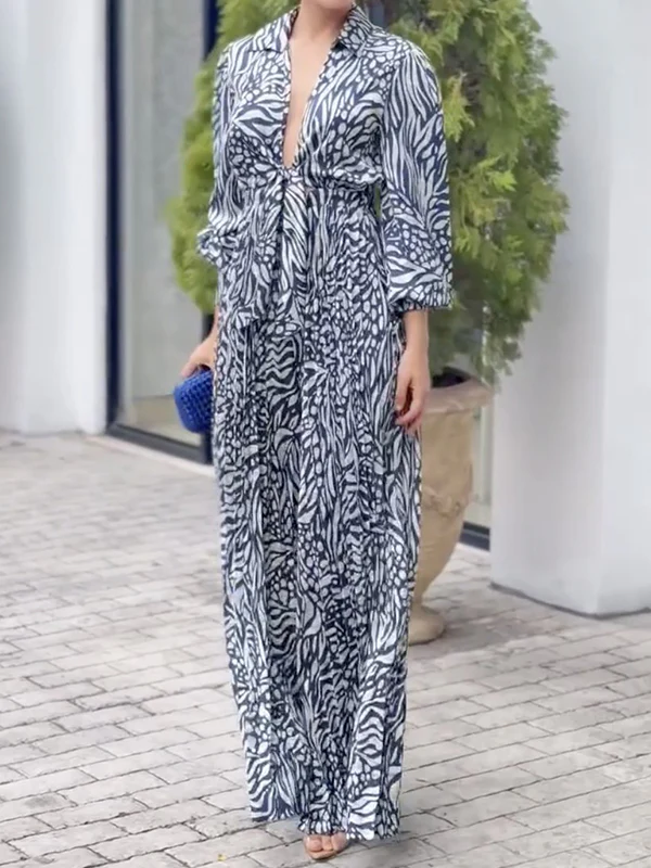 Loose Puff Sleeves Pleated Printed Split-Joint Deep V-Neck Jumpsuits - Image 5