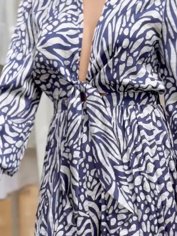Loose Puff Sleeves Pleated Printed Split-Joint Deep V-Neck Jumpsuits - Image 8