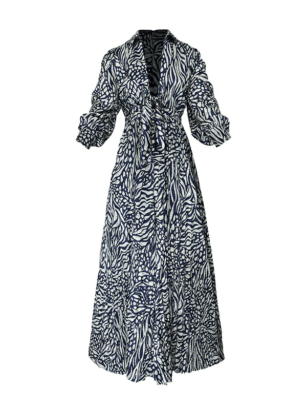 Loose Puff Sleeves Pleated Printed Split-Joint Deep V-Neck Jumpsuits - Image 9
