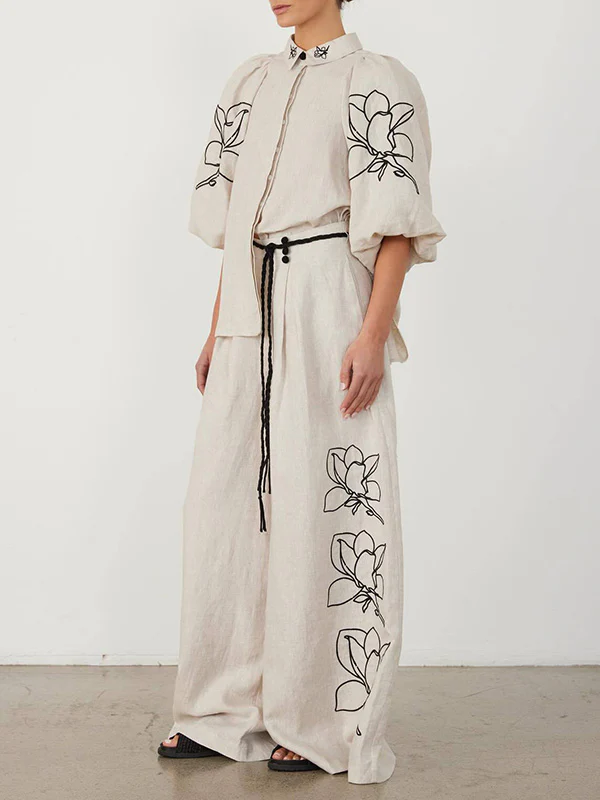 Loose Puff Sleeves Pleated Printed Split-Joint Lapel Blouses&Shirts Tops - Image 2