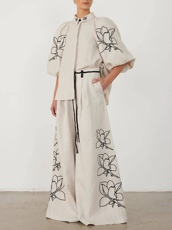 Loose Puff Sleeves Pleated Printed Split-Joint Lapel Blouses&Shirts Tops - Image 3