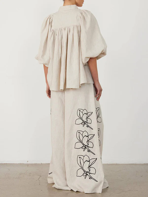 Loose Puff Sleeves Pleated Printed Split-Joint Lapel Blouses&Shirts Tops - Image 4