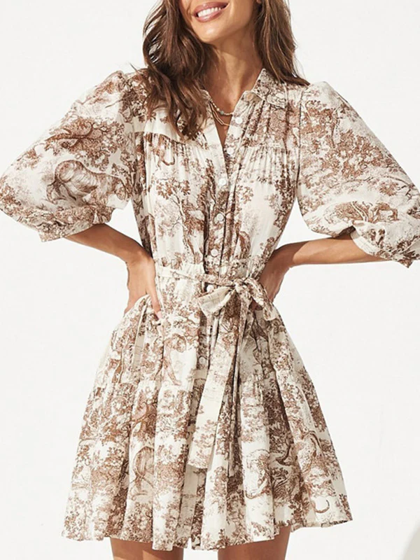 Loose Puff Sleeves Pleated Printed Split-Joint Tied Waist Lapel Mini Dresses Shirt Dress - Image 2