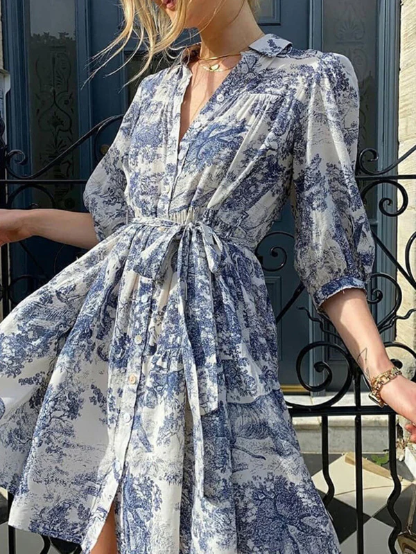 Loose Puff Sleeves Pleated Printed Split-Joint Tied Waist Lapel Mini Dresses Shirt Dress - Image 3