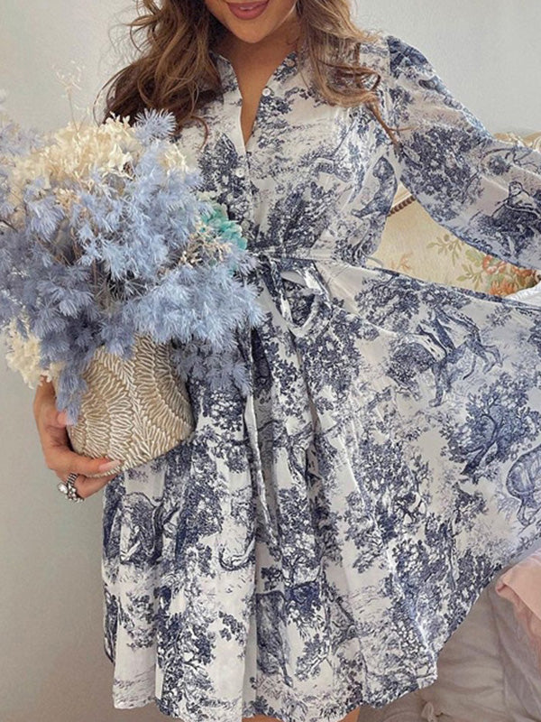 Loose Puff Sleeves Pleated Printed Split-Joint Tied Waist Lapel Mini Dresses Shirt Dress - Image 4