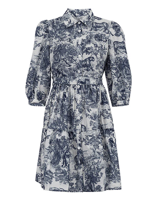 Loose Puff Sleeves Pleated Printed Split-Joint Tied Waist Lapel Mini Dresses Shirt Dress - Image 6