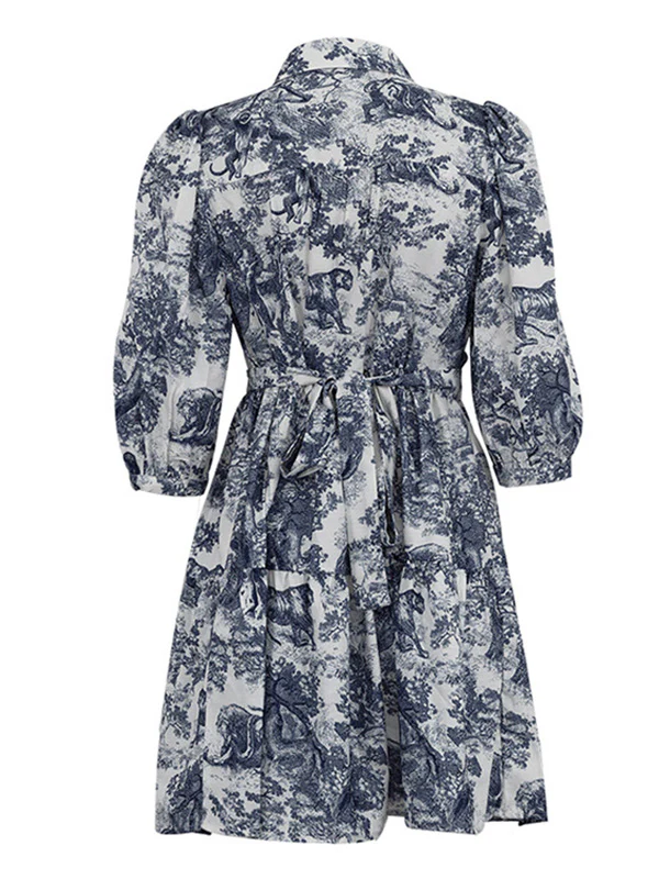 Loose Puff Sleeves Pleated Printed Split-Joint Tied Waist Lapel Mini Dresses Shirt Dress - Image 7