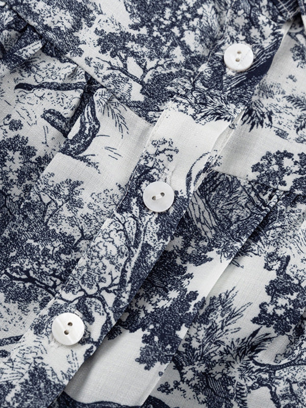 Loose Puff Sleeves Pleated Printed Split-Joint Tied Waist Lapel Mini Dresses Shirt Dress - Image 8