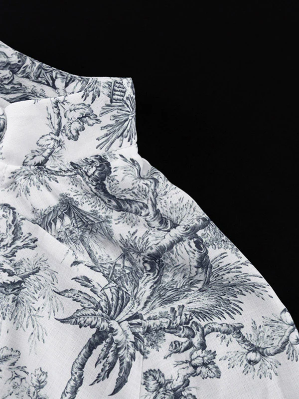 Loose Puff Sleeves Pleated Printed Split-Joint Tied Waist Stand Collar Mini Dresses - Image 12
