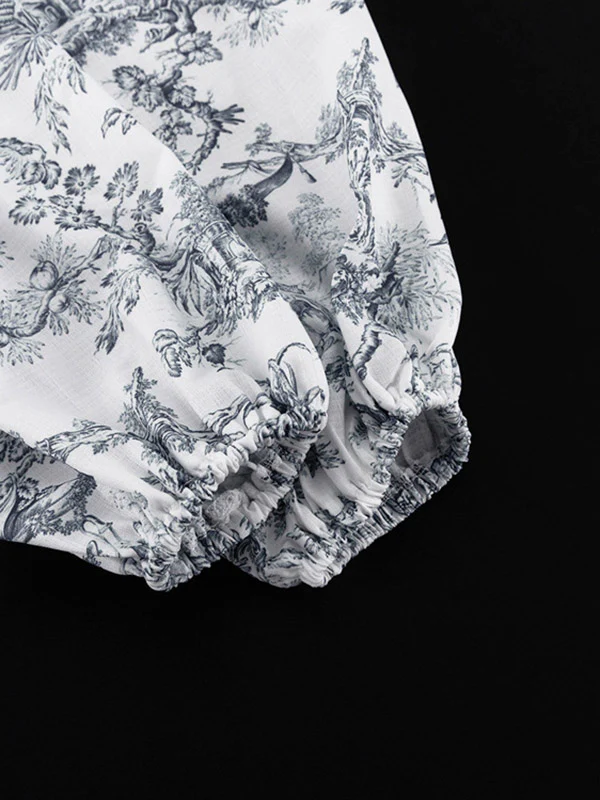 Loose Puff Sleeves Pleated Printed Split-Joint Tied Waist Stand Collar Mini Dresses - Image 14