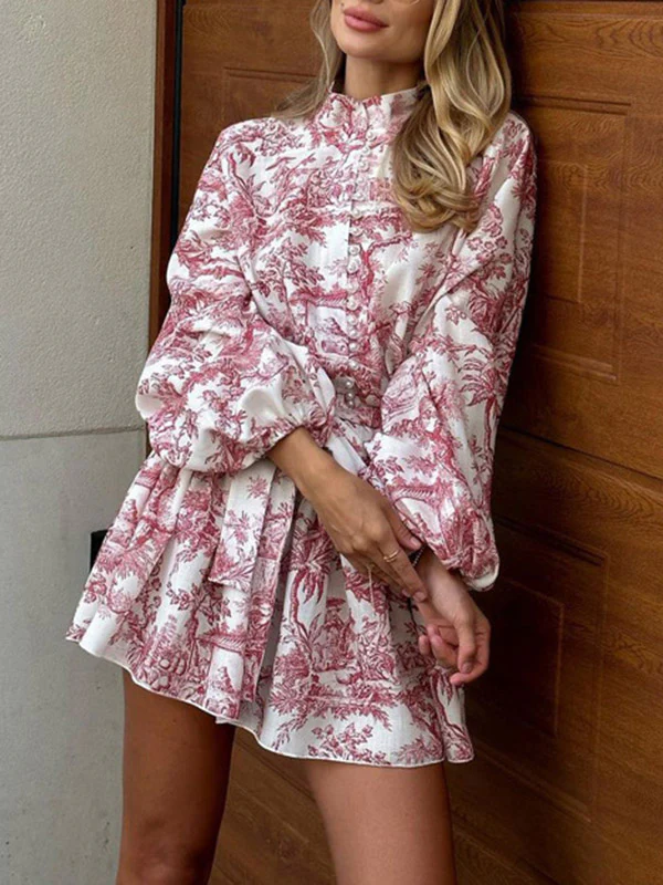 Loose Puff Sleeves Pleated Printed Split-Joint Tied Waist Stand Collar Mini Dresses - Image 2