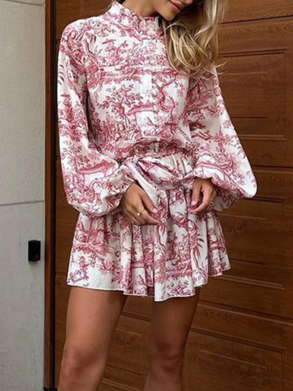 Loose Puff Sleeves Pleated Printed Split-Joint Tied Waist Stand Collar Mini Dresses - Image 3